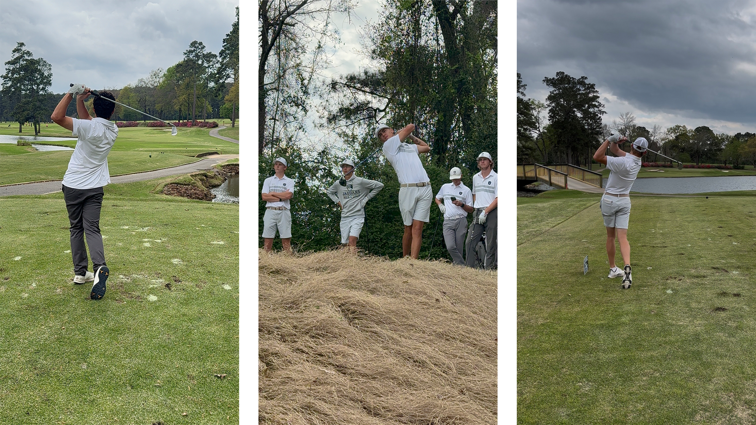 Three Texas A&M&ndash;San Antonio men&rsquo;s golf players tee off and swing on a challenging course under cloudy skies, with water hazards, trees, and teammates watching nearby.