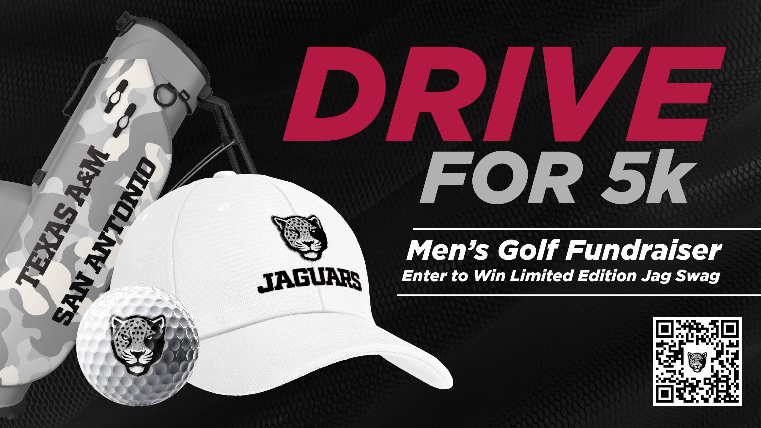 Graphic displaying a limited edition golf bag, golf hat, and golf ball, all of which are prizes for contributing to the mens golf teams fundraiser which can be accessed through the QR Code in the bottom right of the image or the link in the news article.